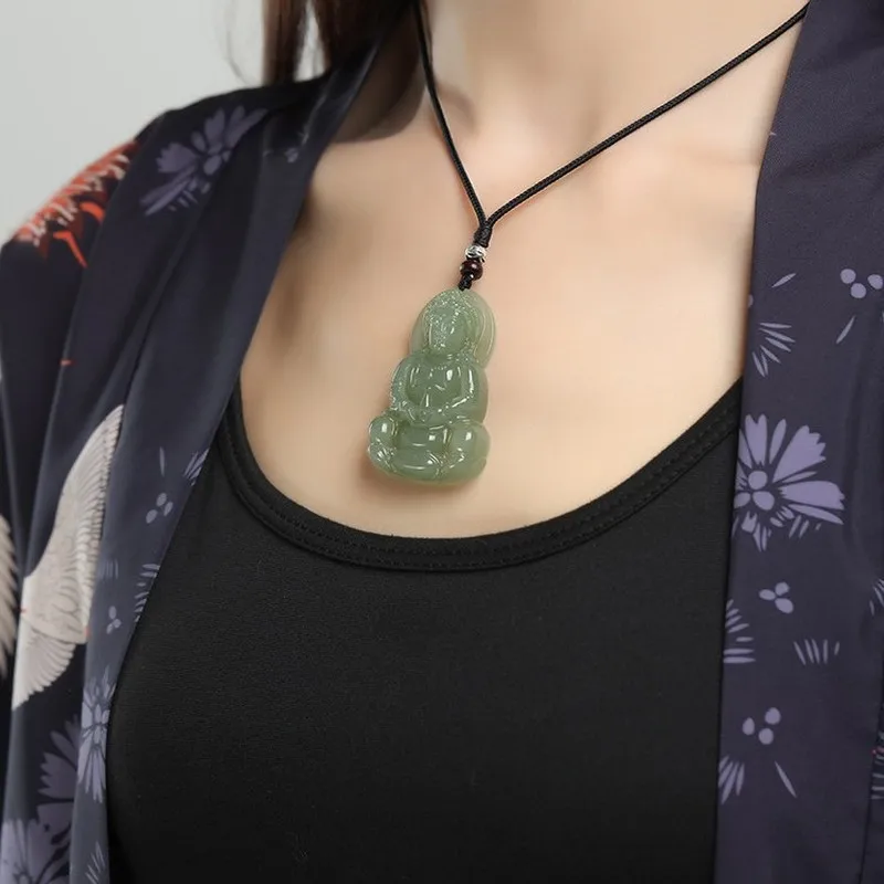 Natural Hetian Green Jade , Guanyin Pendant, Buddhist Amulet Necklace Men