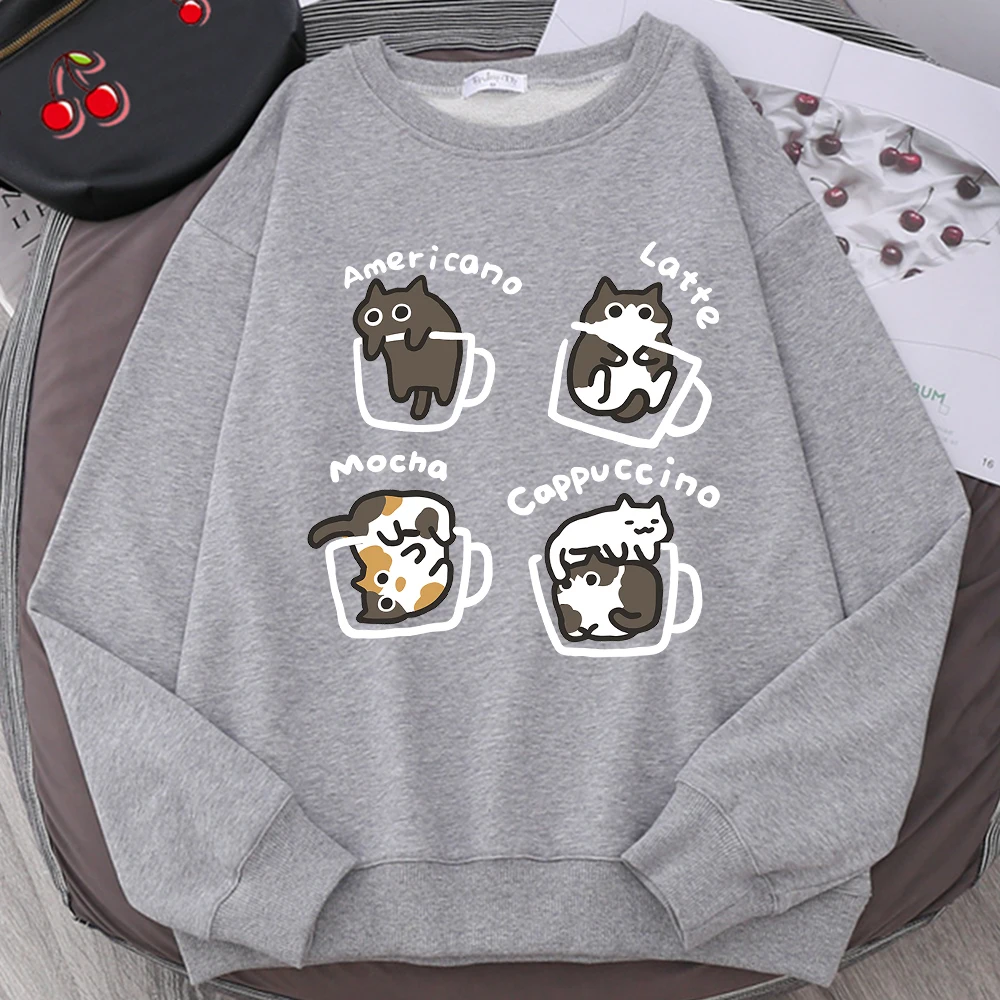 

American Style Coffee Cat Cute Print Cartoons Hoodie Men Women Sweatshirt Loose Warm Clothes Personality Autumn Hoody Couple