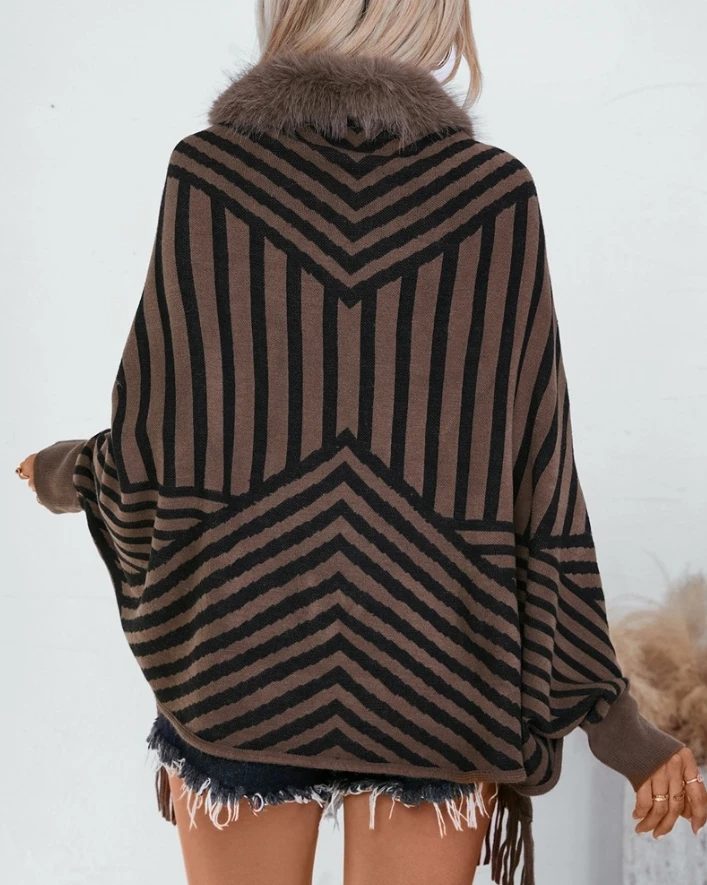 Striped Batwing Sleeve Knit Cape Wrap Cardigan Winter Clothes Woman Fashion 2024 Warm Outdoor Fluffy Trim Tassel Hem Cardigan