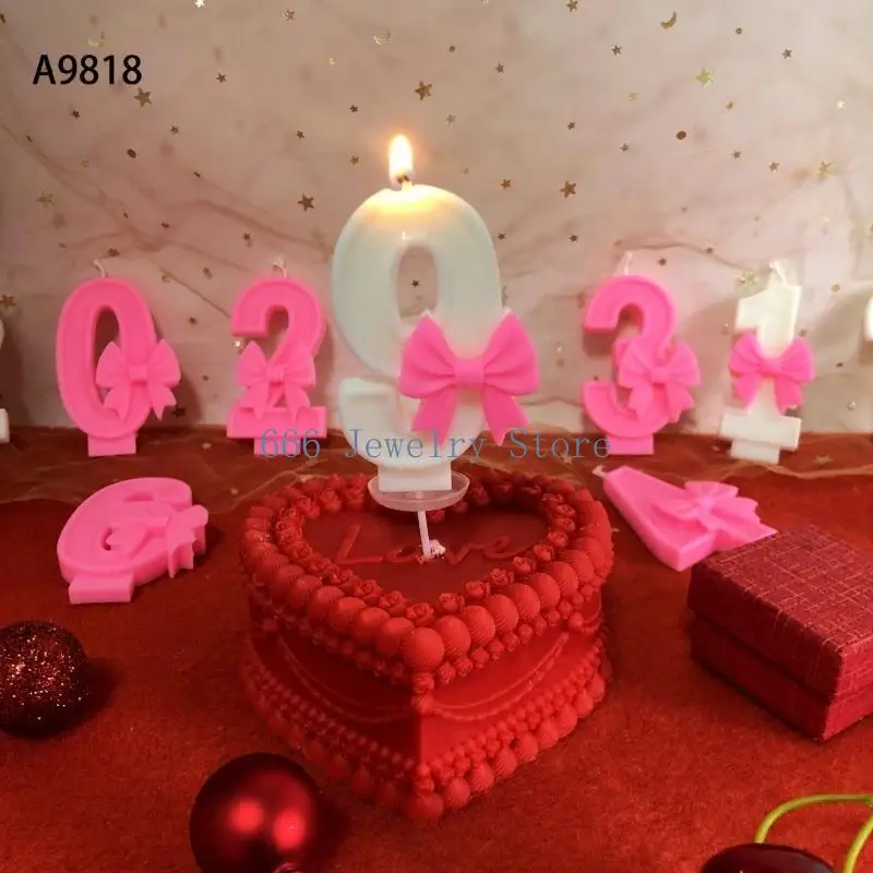 F2TD Flexible Silicone Mold Bowknot Shaped Numbers Creating Mold for Cakes Chocolates