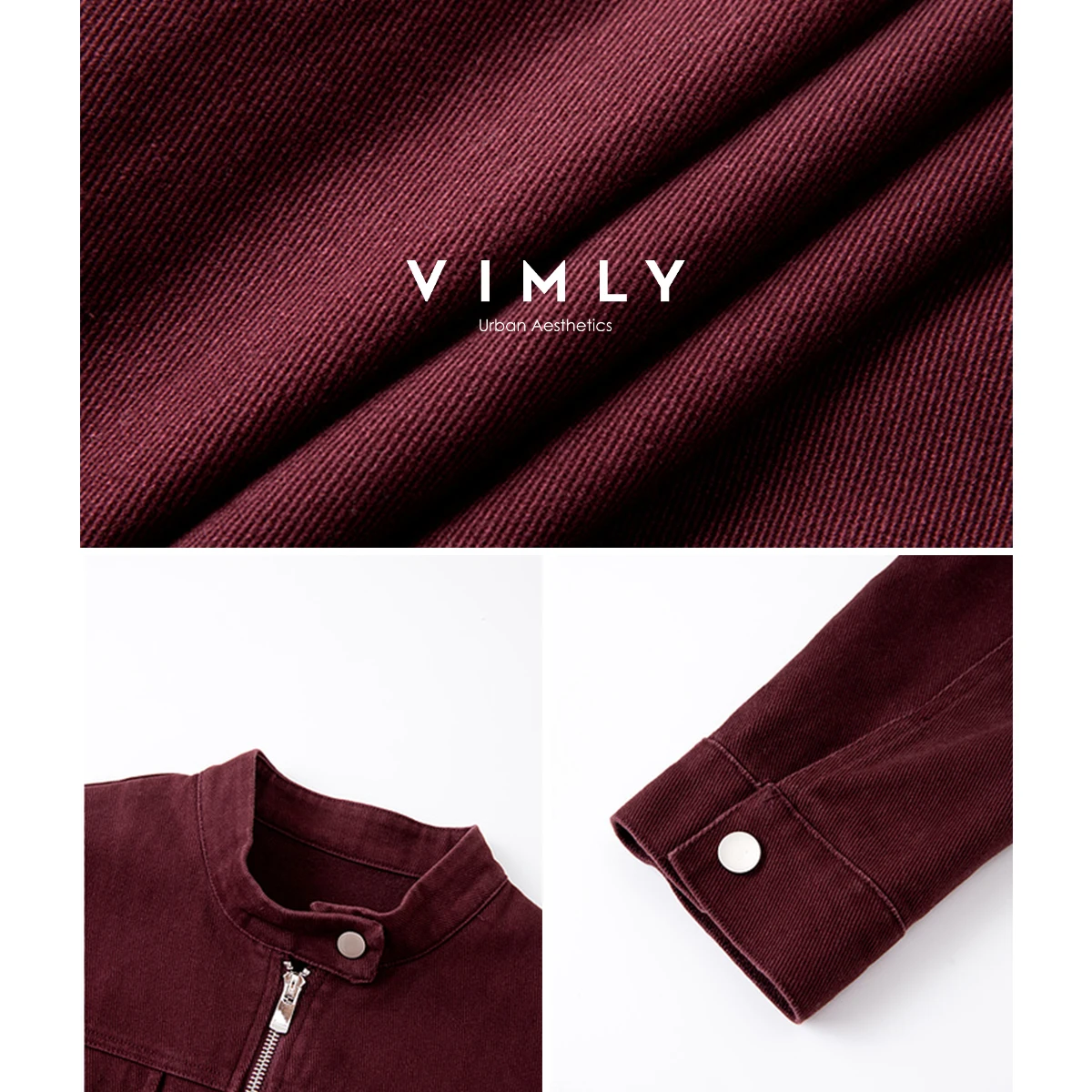 VIMLY Women's Red Denim Jacket Vintage Stand Neck Autumn 2025 Pure Cotton Long Sleeve Zip Up Short Coats Pleated Hem Tops A2568