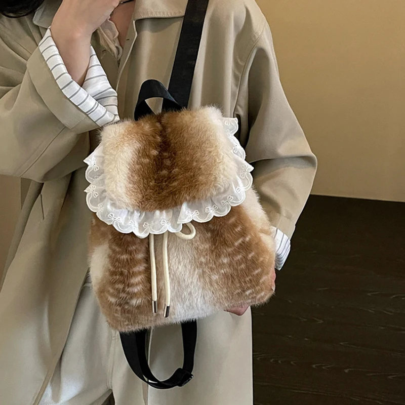 Deer Texure Mori Girl Fashion Backpack,Women Faux Fur Flap Drawstring School Bag,Large Capacity Winter Cute Sweet Book Bag image 6