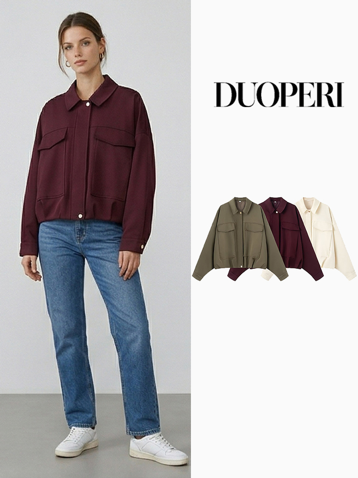  DUOPERI Women Fashion Solid Front Zipper Bomber Jackets Vintage Lapel Neck Long Sleeve Female Chic Lady Outfits 