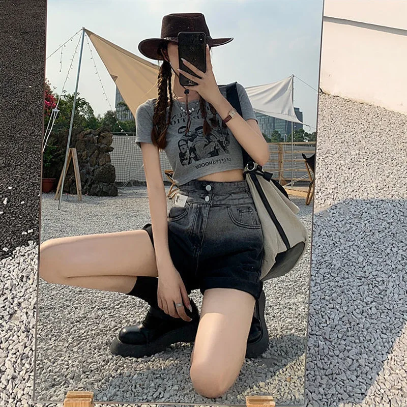 Summer New High Waist Gradient Hot Pants Loose Pockets Patchwork Simplicity Shorts Korean Trend Fashion Women Clothing