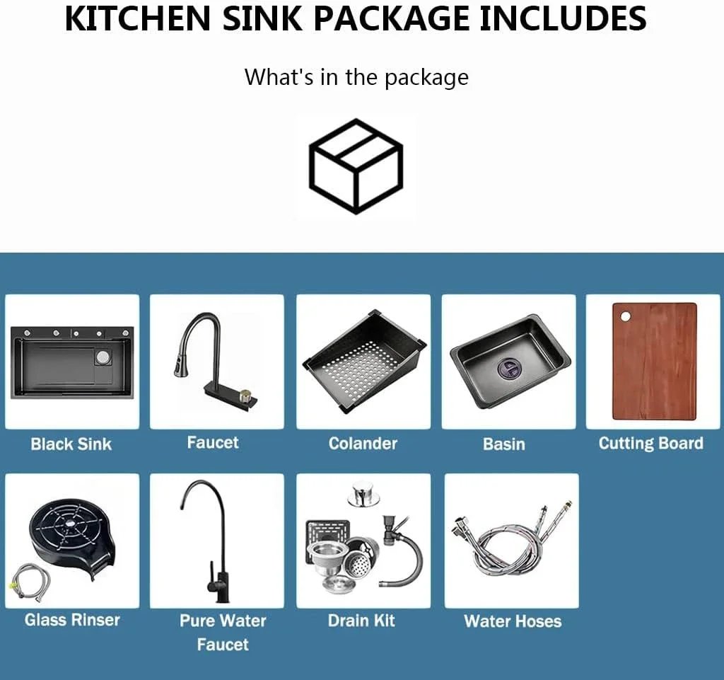 Handmade Black Nano Stainless Steel Kitchen Sink with Single-Bowl Flying Waterfall Faucet One-Hole Design