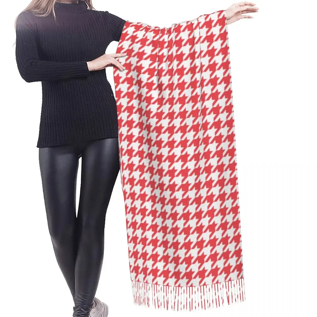 Benutzerdefinierte Damen Lange Mode Rot Hahnentritt Plaid Muster Schals Frauen Winter Herbst Dicke Warme Quaste Schal Wrap Morden Schal