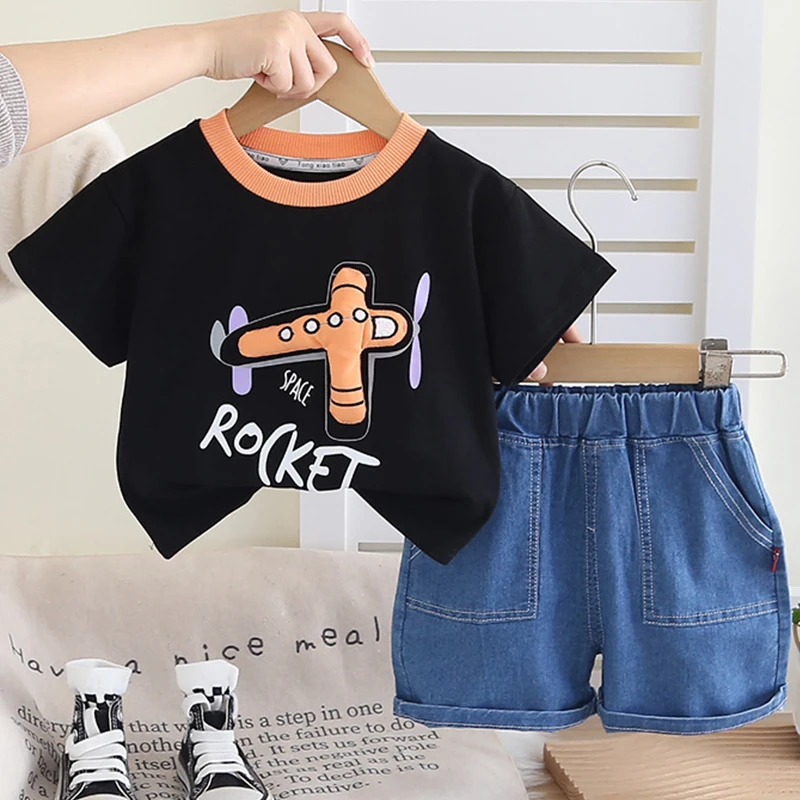

2Piece Summer Toddler Boy Outfits Korean Casual Cartoon Letter Short Sleeve Baby Tops+Denim Shorts Kids Boutique Clothes BC2264