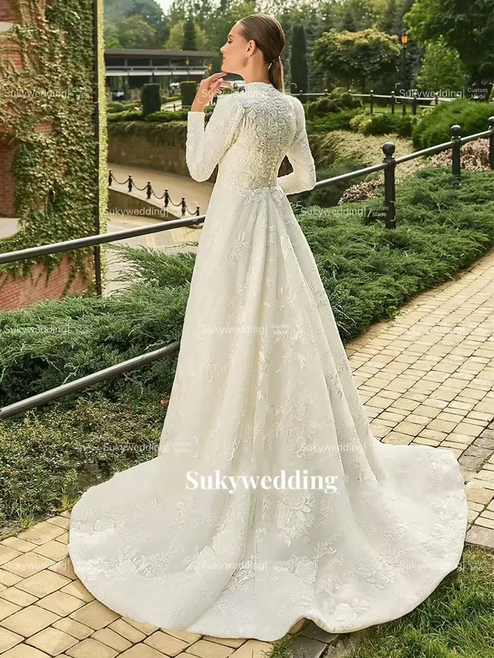 Vestidos de casamento muçulmanos de renda para mulher alta pescoço applique rendas mangas compridas uma linha vestidos de noiva para noiva personalizado