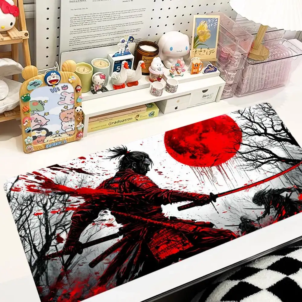 Multi-Sword Samurai Blood Ink Anime Desk Mat Dark Japanese Style Premium Bound Edge Large Size Anti-Slip Keyboard Pad