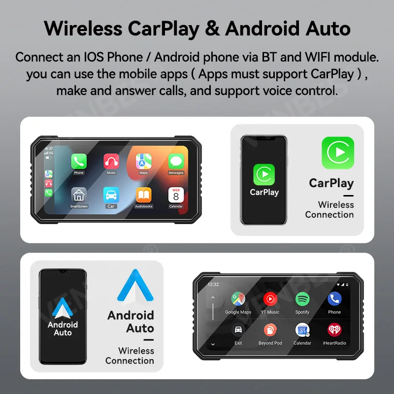 VENBES Carplay Motorcycle Universal 6.25 بوصة Navigation Carplay Android Auto Bluetooth IP67 شاشة مقاومة للماء