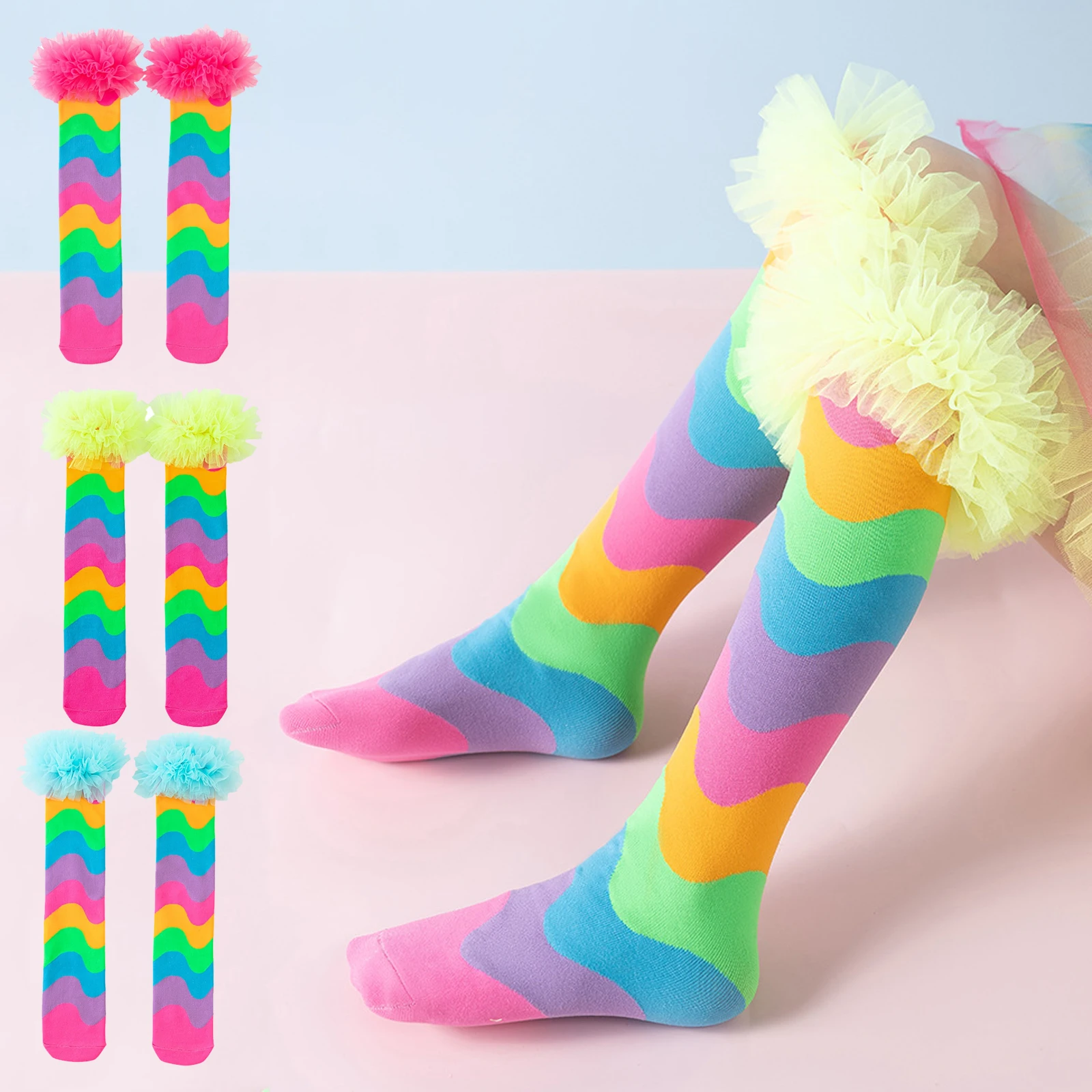 Rainbow Color Patchwork Girls Stockings Ruffles Party Children Princess Socks Fashion Soft Colorful Kids Long Socks