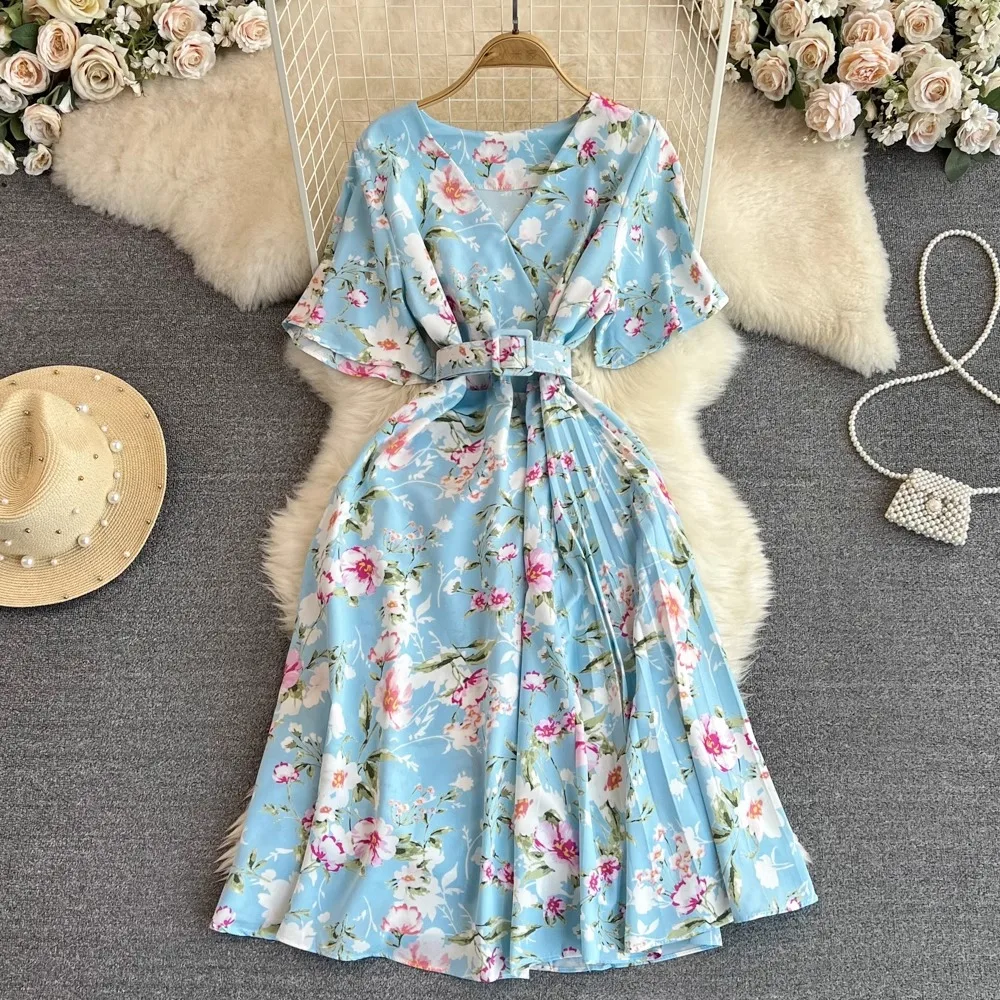 YuooMuoo Chic Fashion Floral Print Long Summer Dress 2024 New Arrival Elegant V-neck Party Dress with Belt Lady Outfits Vestidos