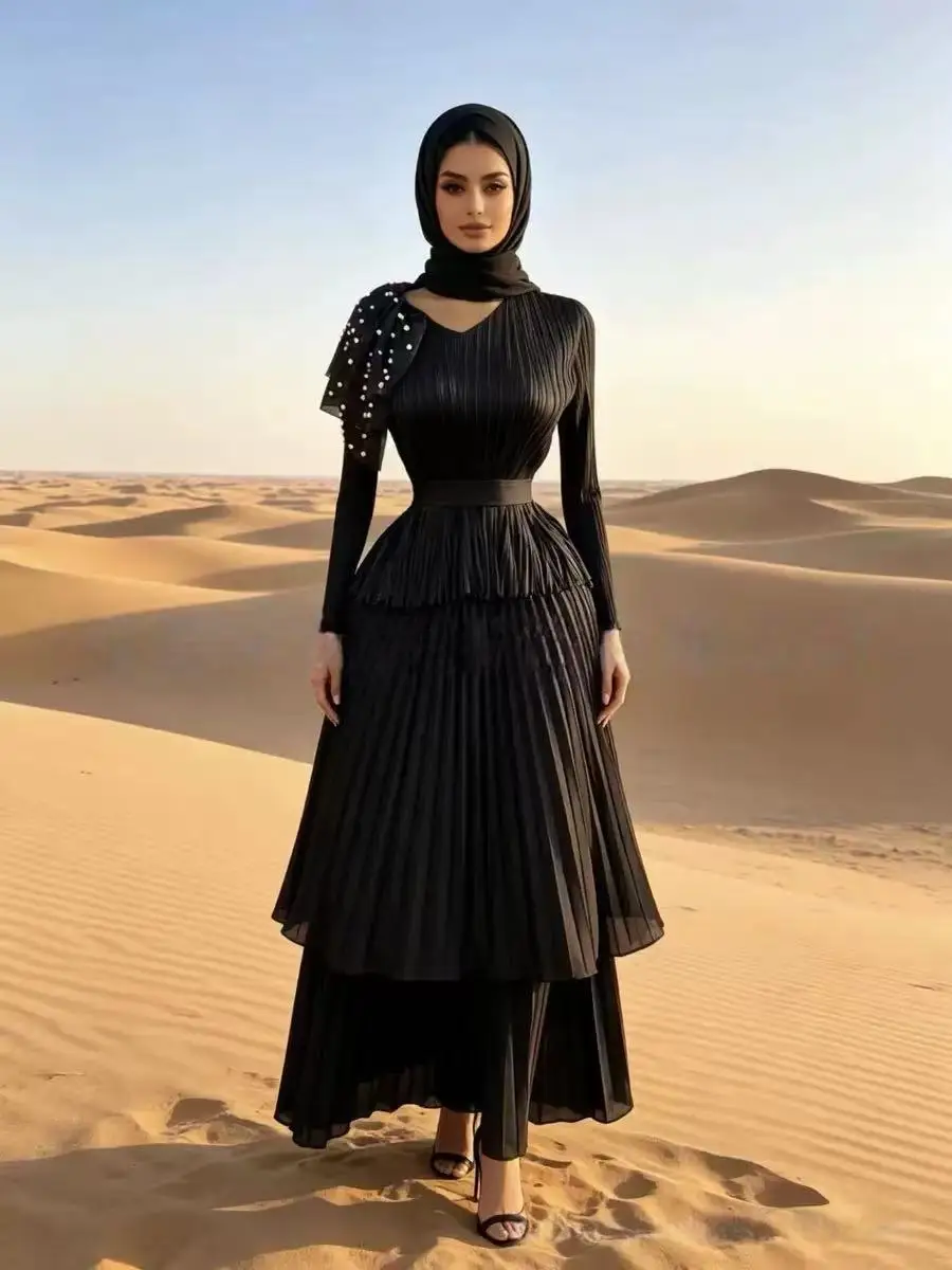 Miyake Pleated Irregular Large Skirt Solid Color Shawl Beaded Decorative Waist Fringed Skirt Two-piece Set for Women