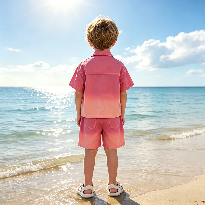 2026 New Boys Fashion Gradient Pink Shirt Shorts Set Loose Fit Casual Kids Two Piece Outfit Breathable Children's Streetwear 3-8