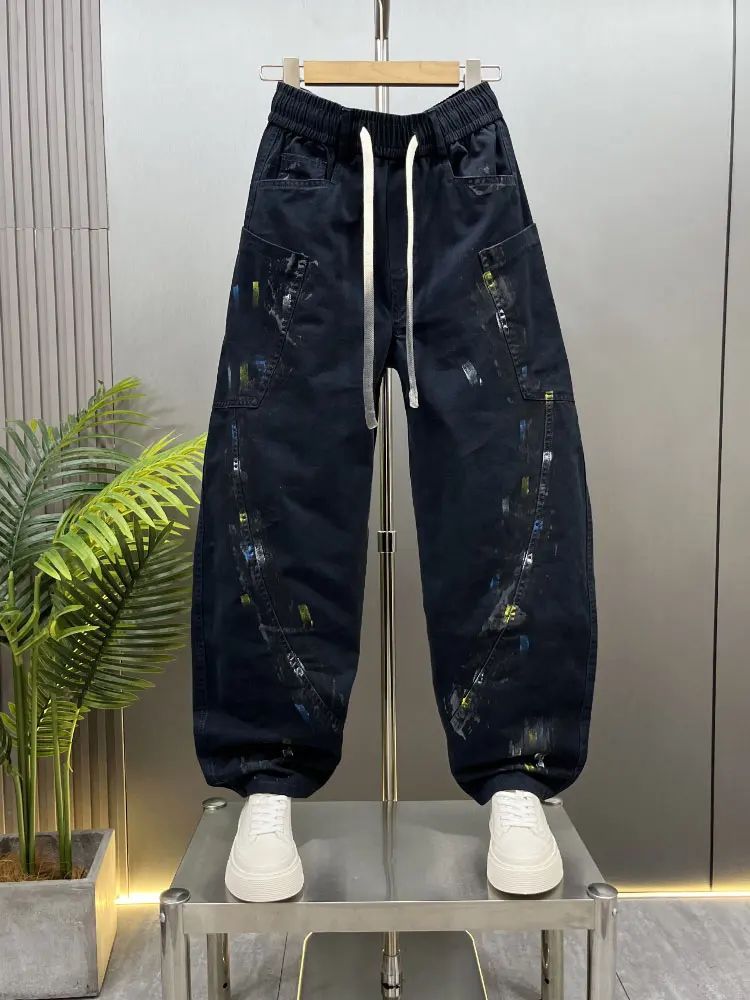 

Джинсы с брызгами краски, мужские свободные прямые широкие брюки, американские повседневные длинные брюки, крутой дизайн, брюки-ножи