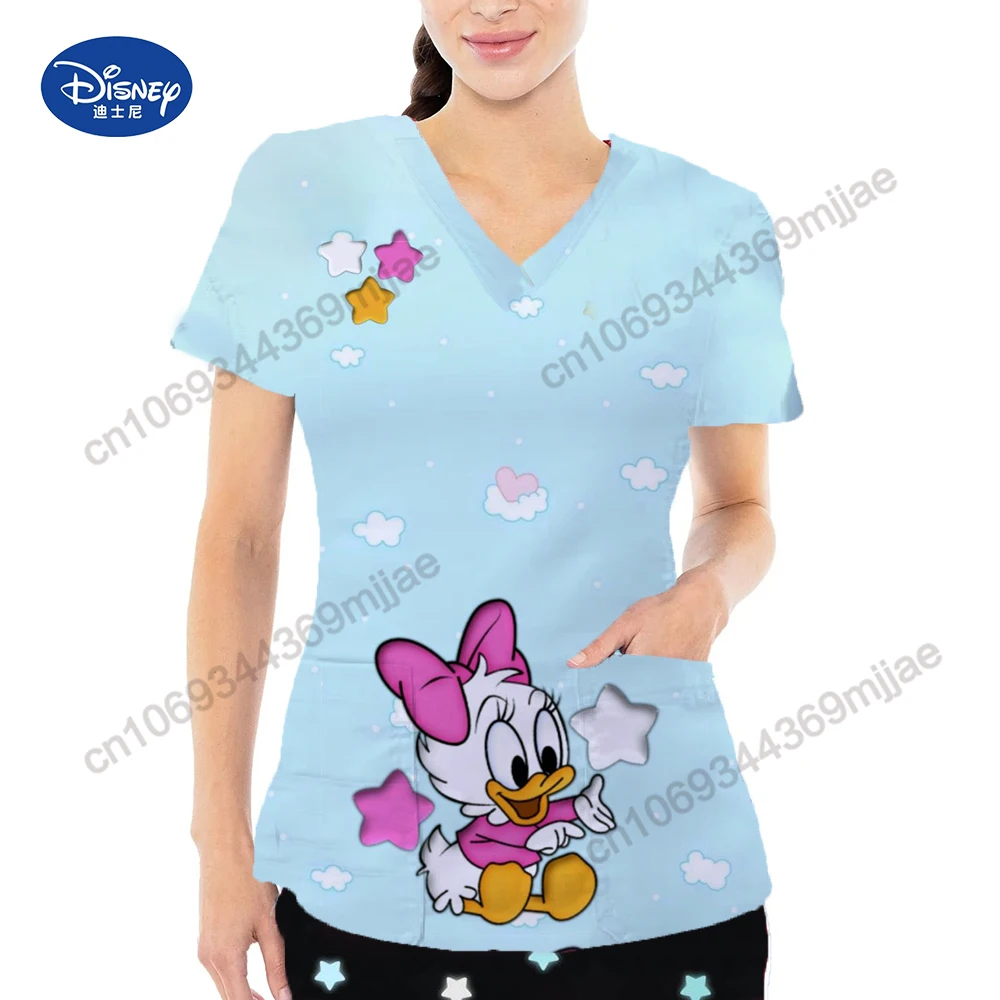 Disney Cartoon Patten Aesthetic Clothing V-neck Design Short Sleeve T-Shirt Double Pocket Women\'s Clothing Summer 2024 T-Shirt