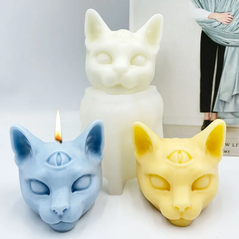 

Cat Head Candle Silicone Mold Three Eyed Cat Scented Candle Plaster Epoxy Resin Aroma Mould Chocolate Cake Baking Molds Gifts