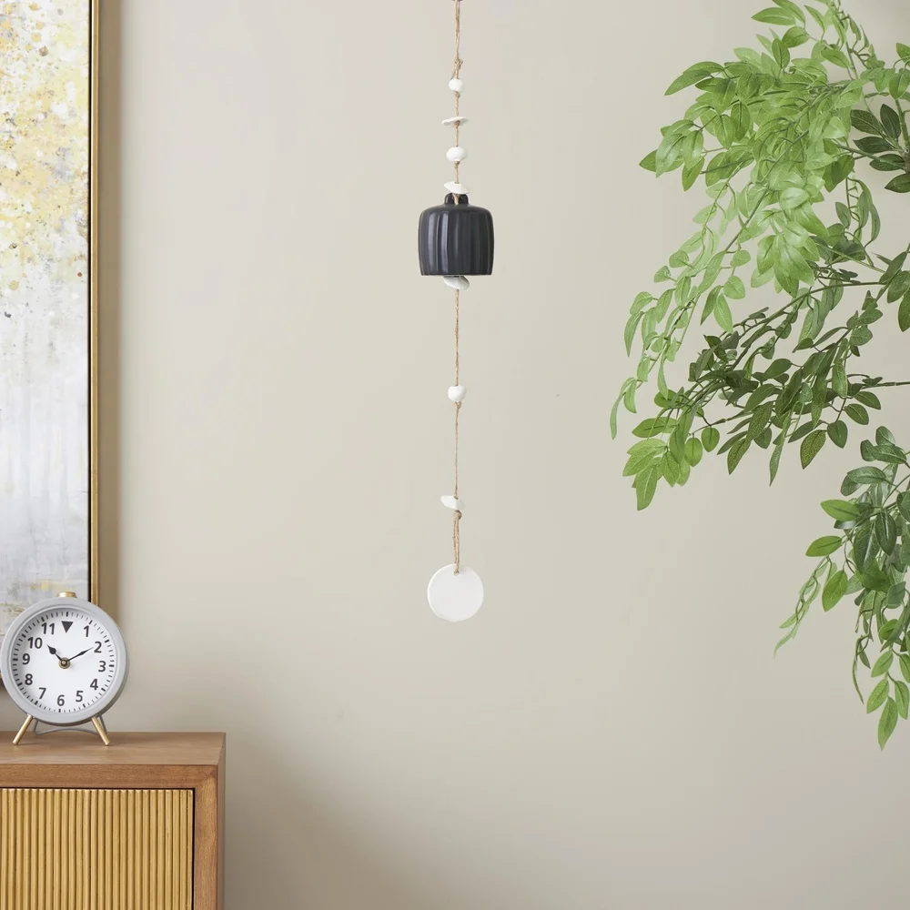Handmade Ceramic Wind Chime 25 Inch Black with White Disks Indoor Outdoor Decor Gift Bohemian Style Unique Long Decorative Sound