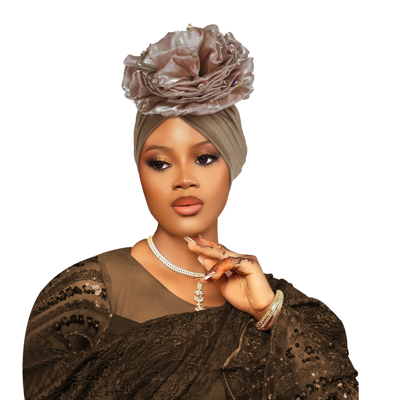 

African Traditional Turban Hat Cap with Big Flower Chemo Cap Bonnet Ethnic Festival Headwrap for Women Headtie Head Wrap Bonnet