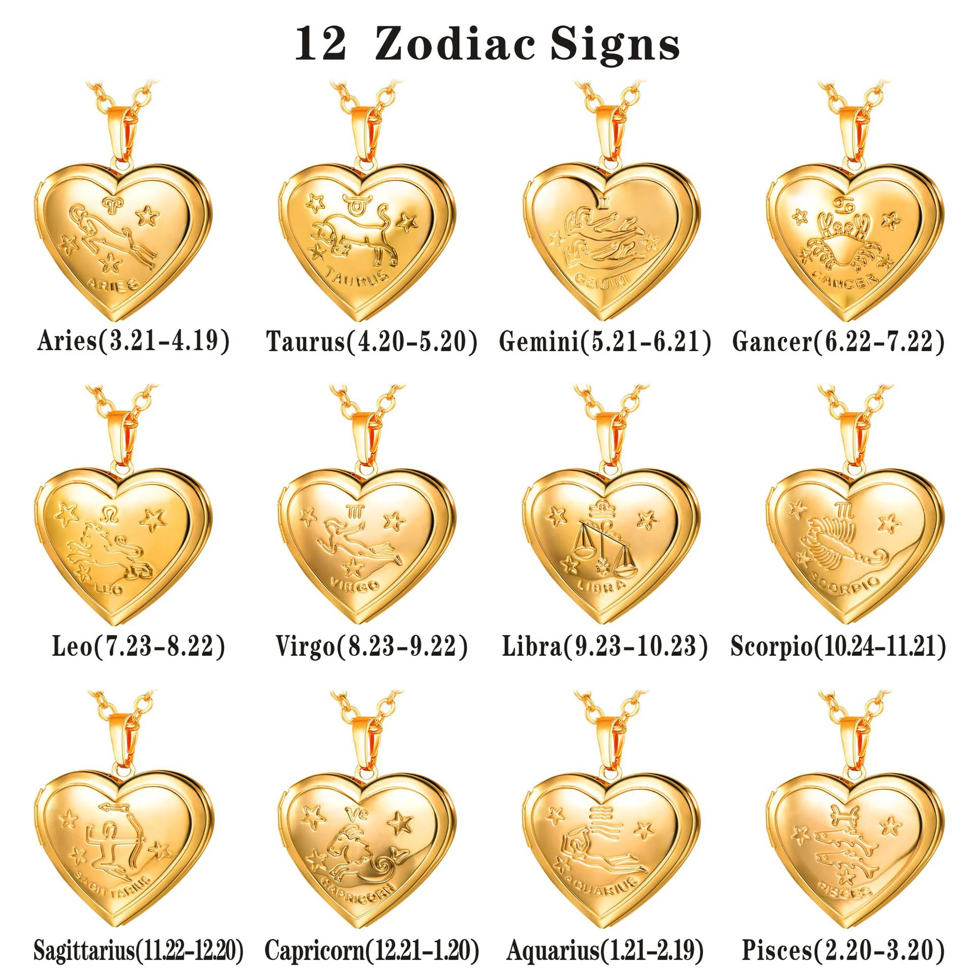Romantic 12 Constellation Heart Locket Necklace Personalized Astrology Horoscope Openable Photo Box Pendant for Women Party Gift