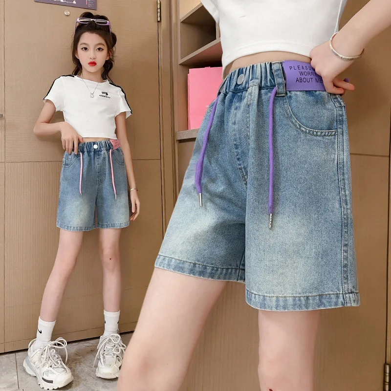

Elegant Girls' Denim Shorts 2025 Summer Teenage Children Fashion Ripped Hot Pants 6-16 Years Old Wear Fashion Children's Pants