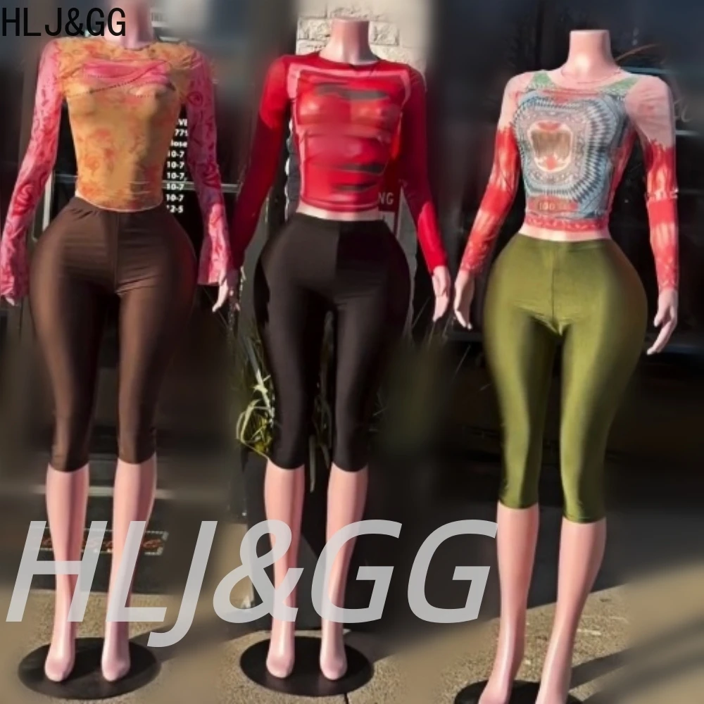 

HLJ&GG Fashion Mesh See Though Print Two Piece Sets Women O Neck Long Sleeve Slim Crop Top And Shorts Outfit Y2K 2pcs Streetwear