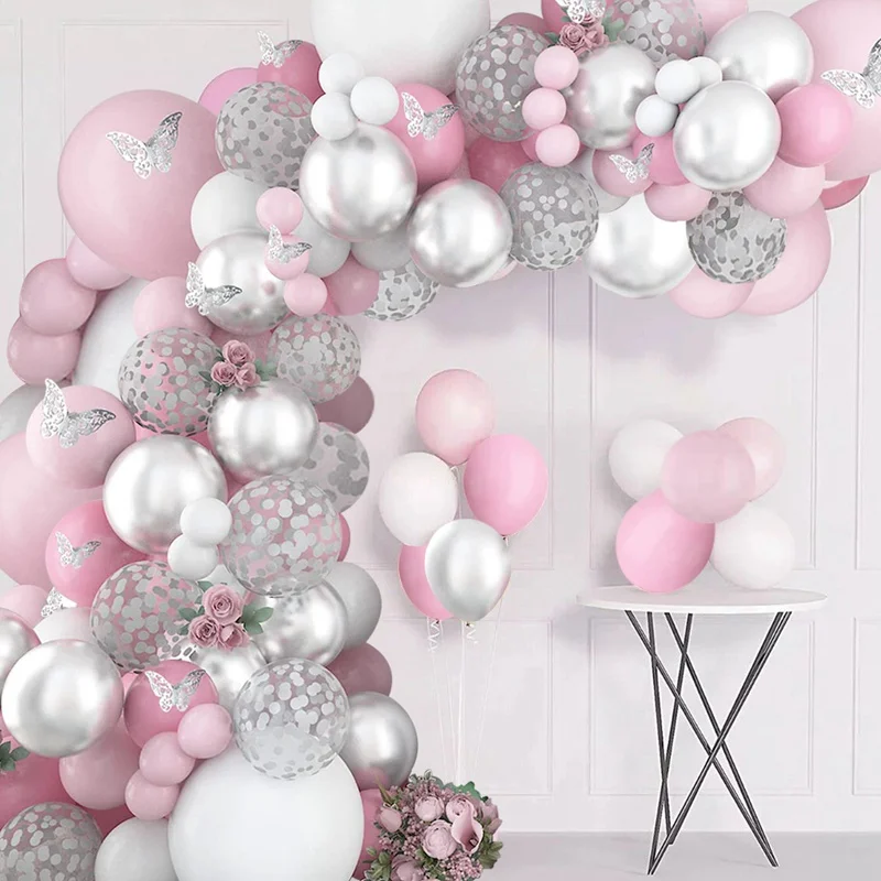 98pcs Pink Silver Butterfly Balloon Garland Arch Kit Birthday Party Decoration Kids Wedding Decor Baby Shower Girl Latex Baloon