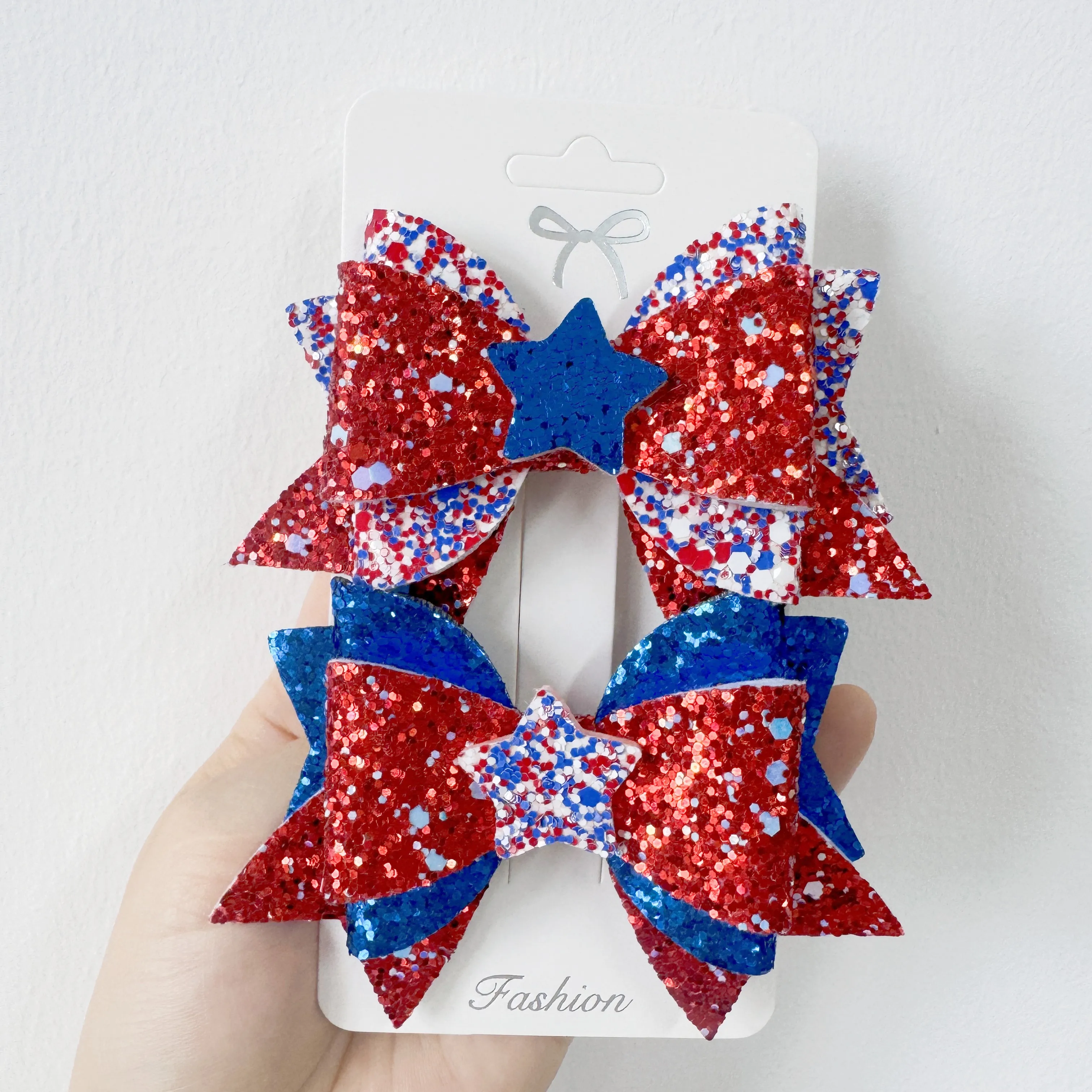 4th of July Hair Bows Hair Clip Girls Glitter Red White Blue Sequin Bows Barrettes Independence Day Party Decor Accessories