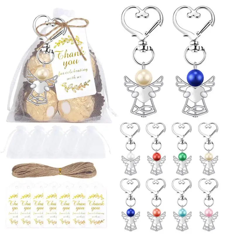 ㈅ 24 ensembles de porte-clés ange, breloques ange, pendentifs ailes d'ange avec étiquettes de remerciement, sacs en organza à cordon, cadeaux de remerciement pour invités