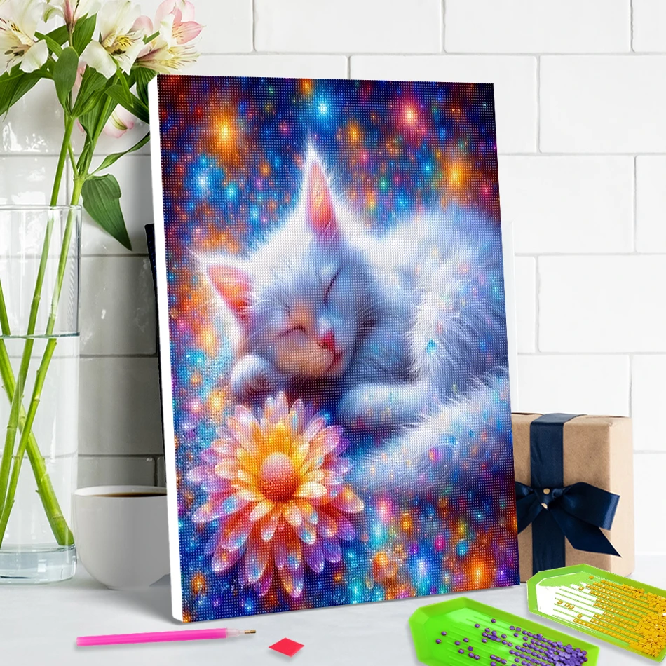 

SDOYUNO 5D Diamond Painting 20X30cm ready frame For Beginner Diy 5D Diamond Pictures Sleeping White Cat Crystal Home Decoration