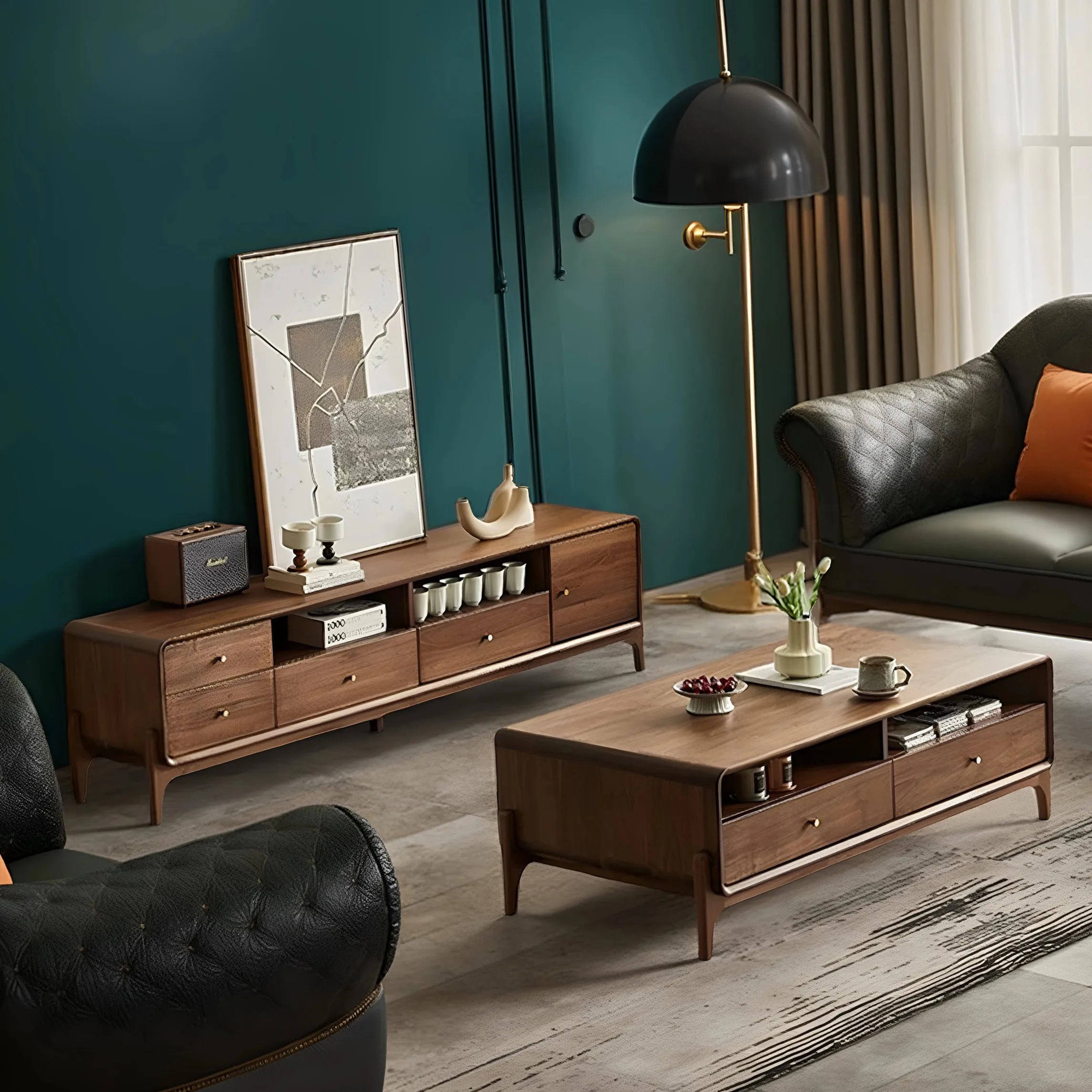 YFY coffee table four pumping all solid wood black walnut coffee table living room  modern TV cabinet household coffee table