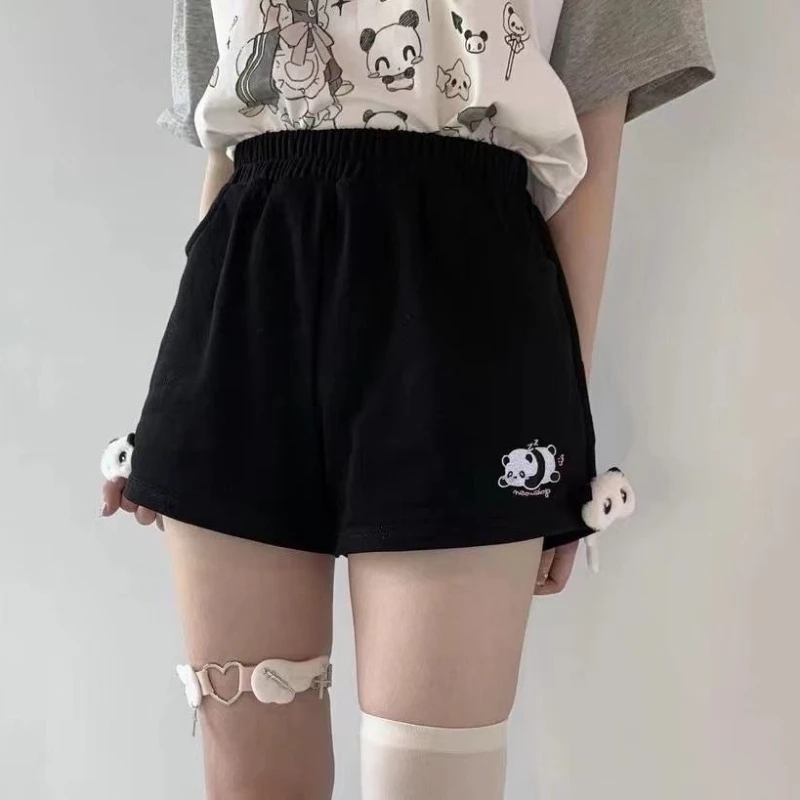 Summer Panda Shorts For Women 2026 Japanese Letter ​Embroidery High Waist Wide Leg Pants Y2k Aesthetic Pocket Shorts Pantalones