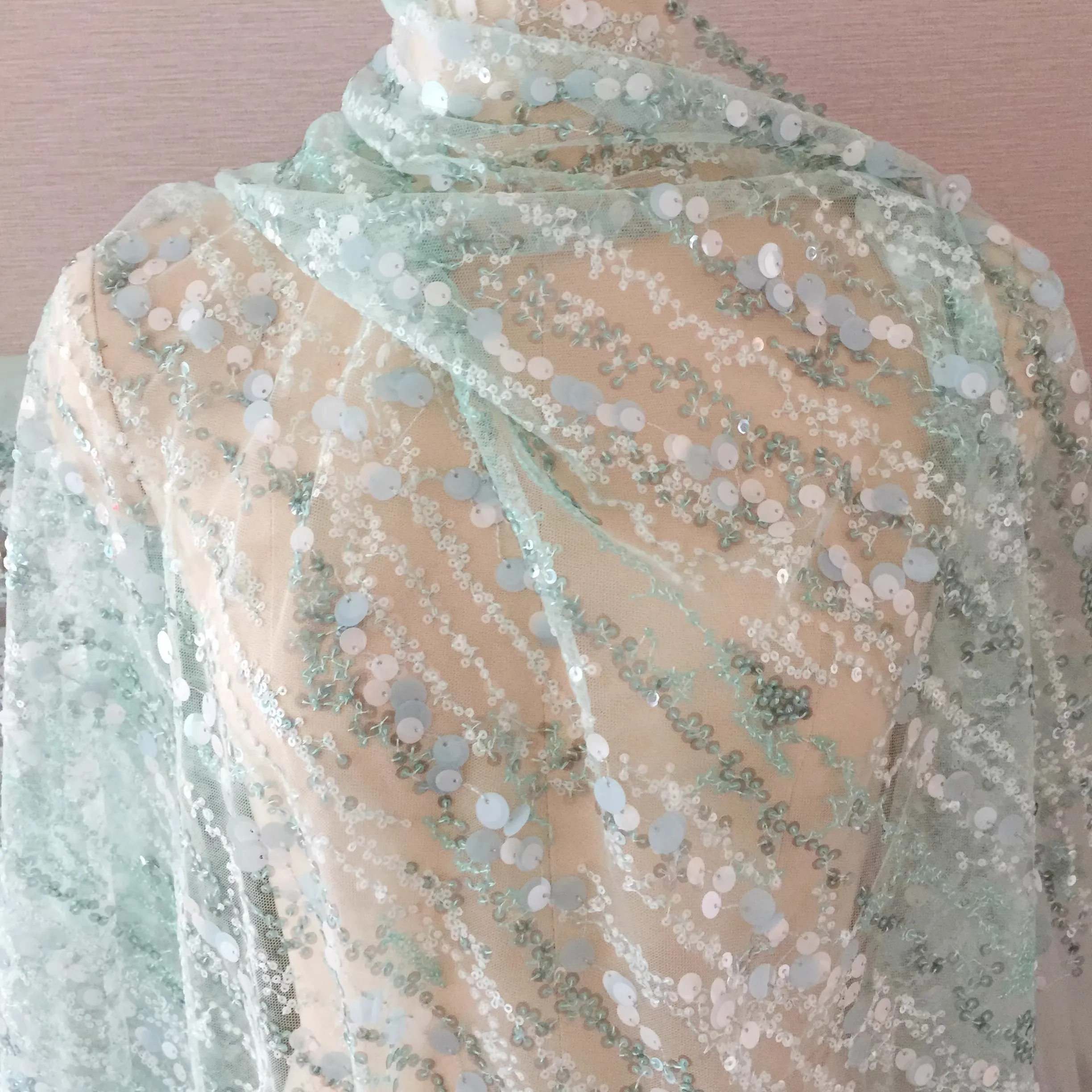 1yard price Fresh Mint Green Glitter Lace Mesh Fabric Wedding Dress Dance Dress Fabric