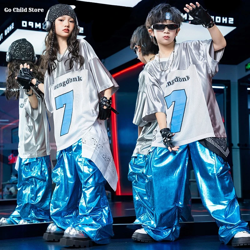 

Блестящая футболка K-pop для девочек, синие брюки-карго для уличных танцев, комплекты одежды в стиле хип-хоп для мальчиков, детские костюмы в стиле хип-хоп, джаз, детская уличная одежда