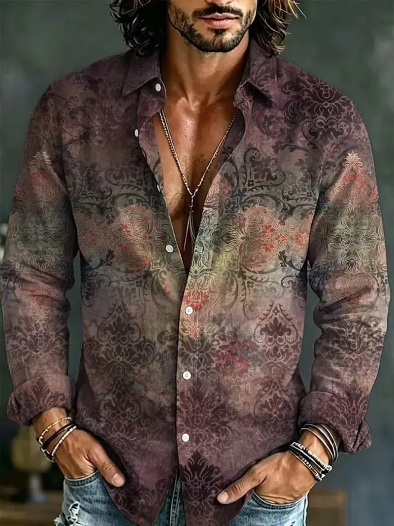 New men's Vertical Striped Green Leaf Vine Plant Print Long Sleeved Shirt With Matte Drape And Loose Collar Top