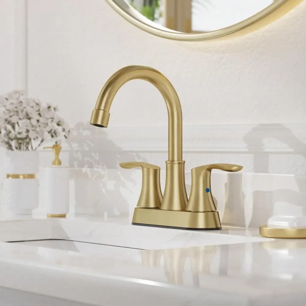 

Золотой смеситель для ванной комнаты, 4 дюйма, 3 отверстия, 2 ручки, центральное крепление, с сливом, поворотный на 360°, высокий излив, для ванных комнат, Moto