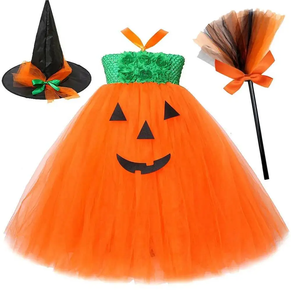 Pumpkin Witch Long Costumes for Girls Wizard Halloween Tutu Dress for Kids Carnival Party Disguise Outfit with Magic Hat Broom