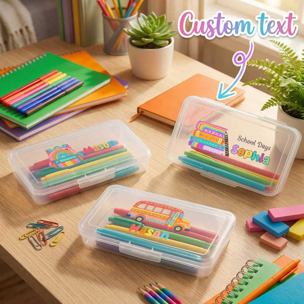 Personalized Pencil Case, Custom Name Clear Plastic Rainbow School Stationery Box,