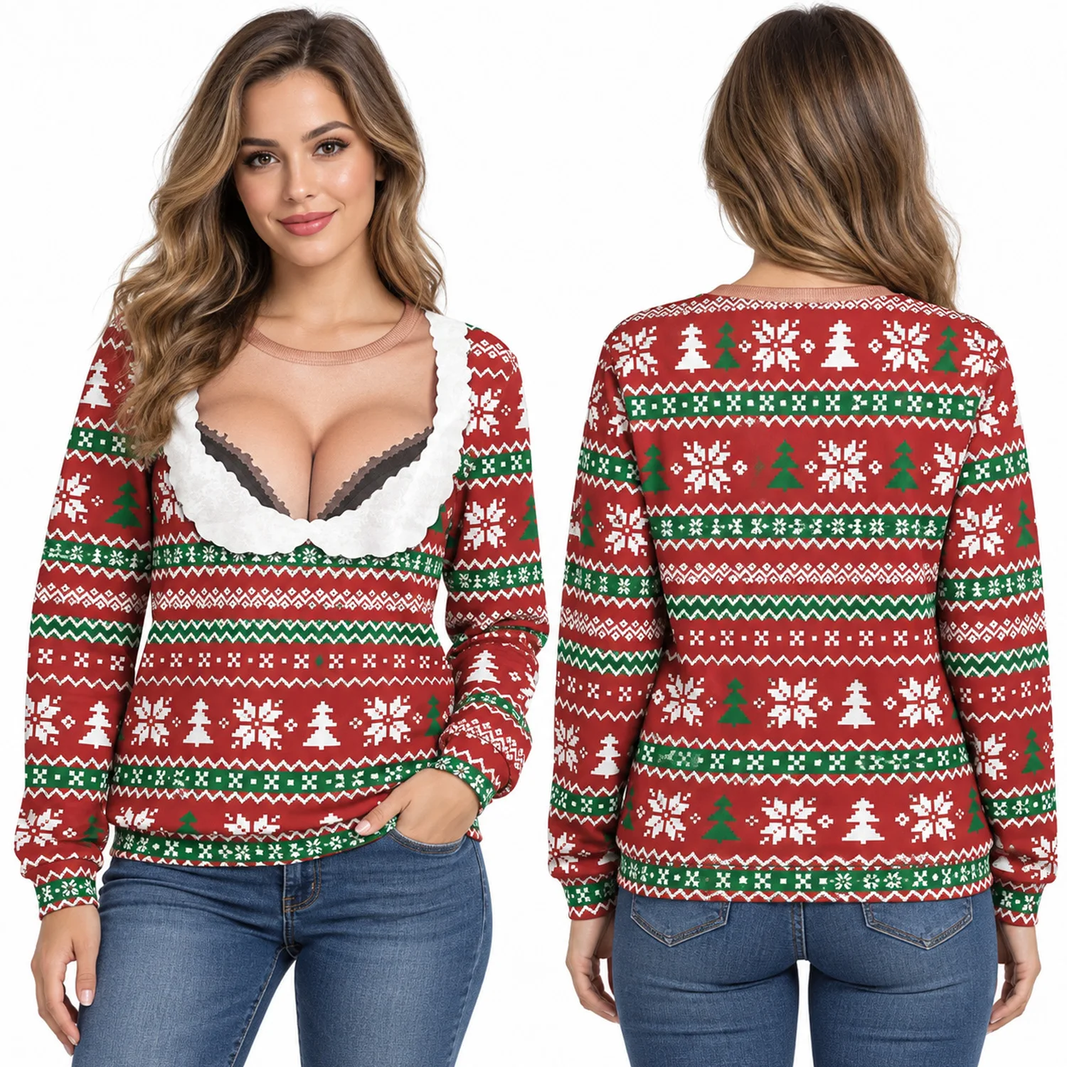 Womens Ugly Christmas Sweater Sexy Lace Print Red Green Snowflake Xmas Long Sleeve Pullover Holiday Party Top