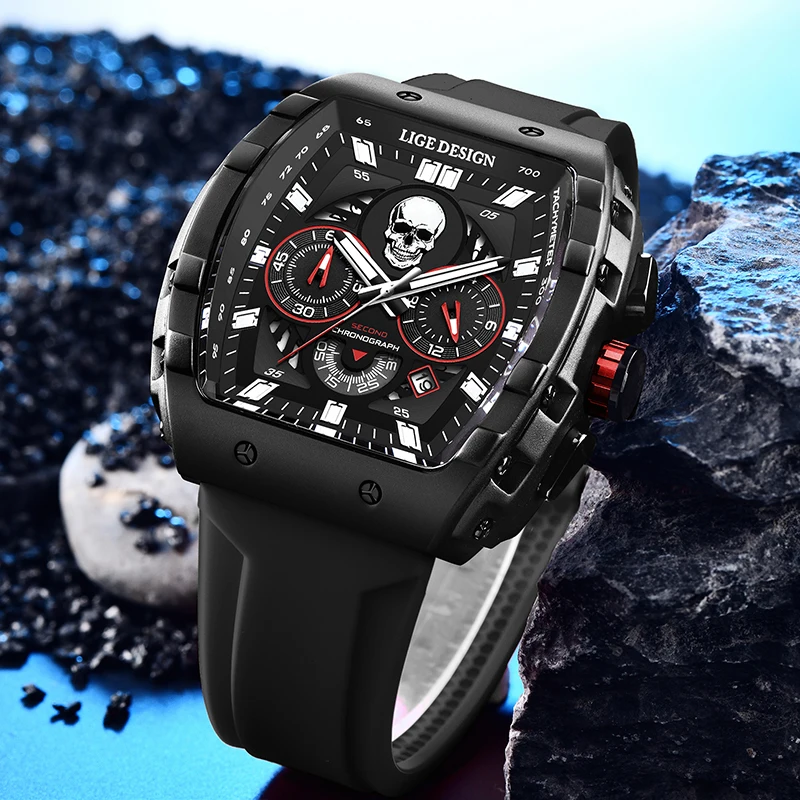 New LIGE Top Watch For Man Black Silicone Sport Army Skull Square Dial Quartz Watches Men Chronograph Date Clock Gift saat erkek