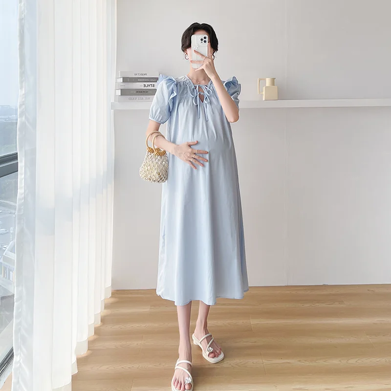 

Summer Short Sleeved Maternity Dress Blue Ruffles Patchwork V-Neck Pregnant Woman Brief Dress Sweet V-Neck Pregnancy Dresses