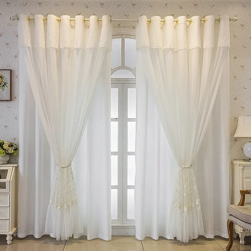 1 Panel 132cm Width European Double Layer Sheer Curtain with Valance for Living Room Bedroom Embroidered Tulle Curtain