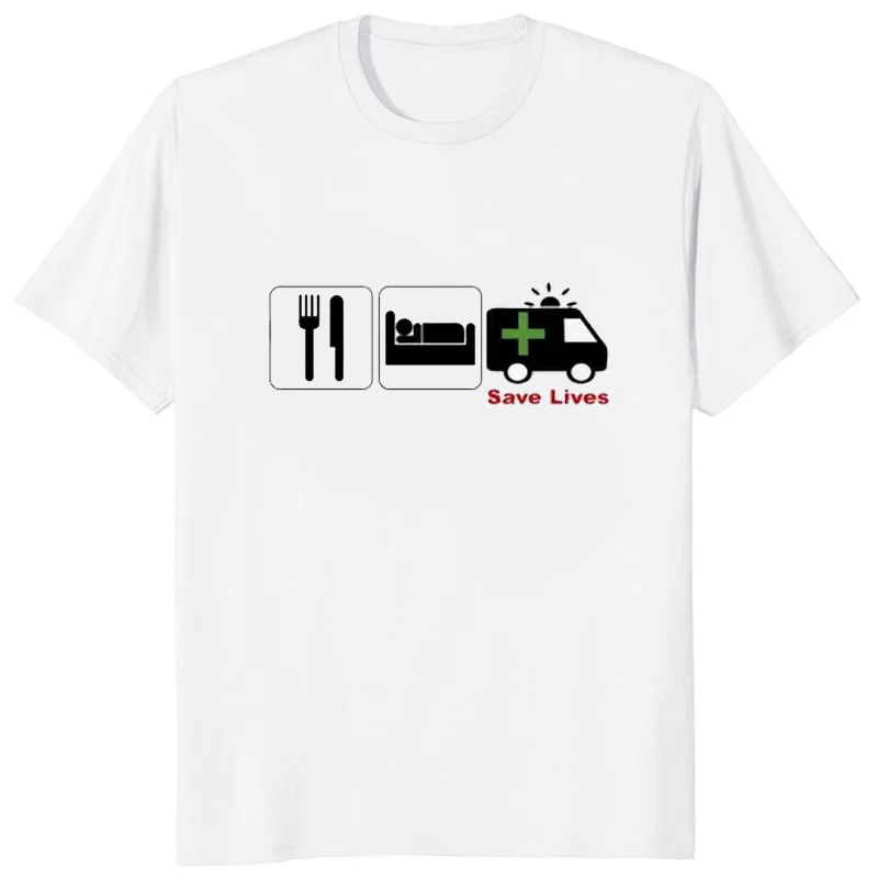 T-shirt imprimé de dessin animé pour hommes, Sauvetage, Pilote d'ambulance, Mangez, Sommeil, T-shirt paramédical, Streetwear décontracté, Économie à la mode