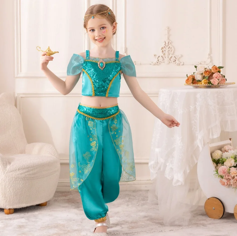 Jasmine Princess Dress for Girls Cosplay Aladdin Magic Lamp Costume Outfit Girls Halloween Kids Birthday Carnival Dance Vestidos