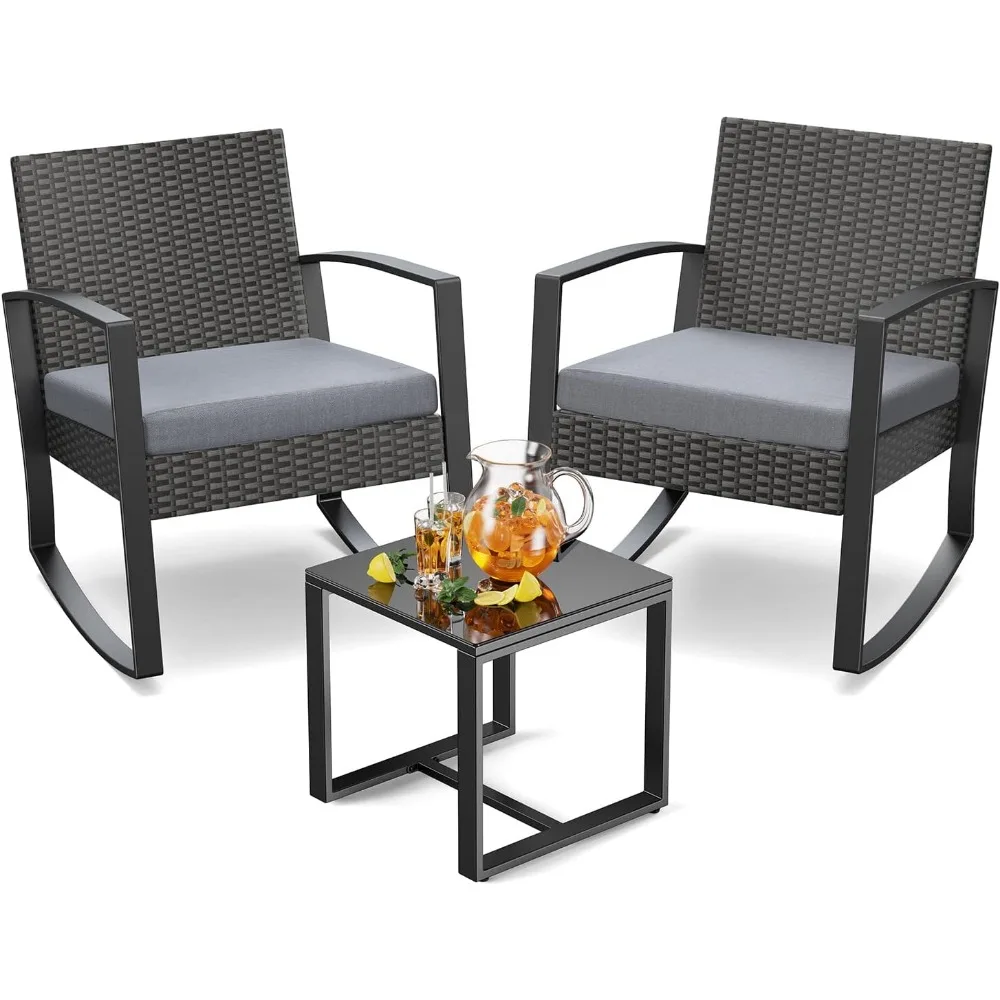 

3 Piece Wicker Patio Furniture Set, Outdoor Rocking Chairs, Outdoor Furniture with Table & Cushions, Patio Chairs for Balcony P