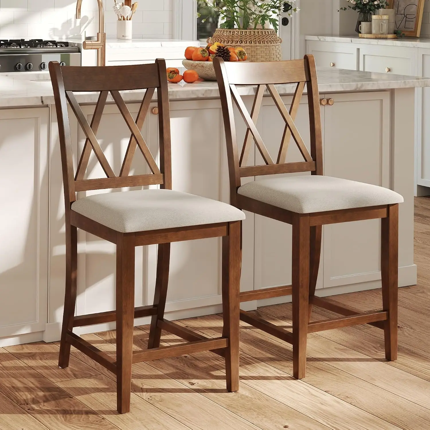 Farmhouse Counter Height Bar Stool Set 2 Double-X Back Upholstered Kitchen Island Cafe Pub 24