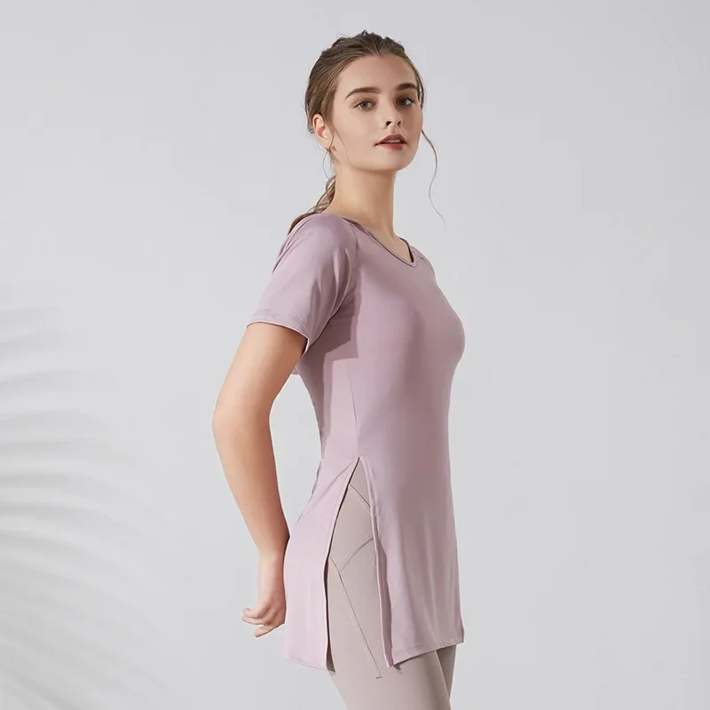 Summer Women Sports Hoodies Bandage Yoga Shirts Forked Short Sleeves Running T-Shirts Oversized Gym Fitness Hooded Tops Blouse
