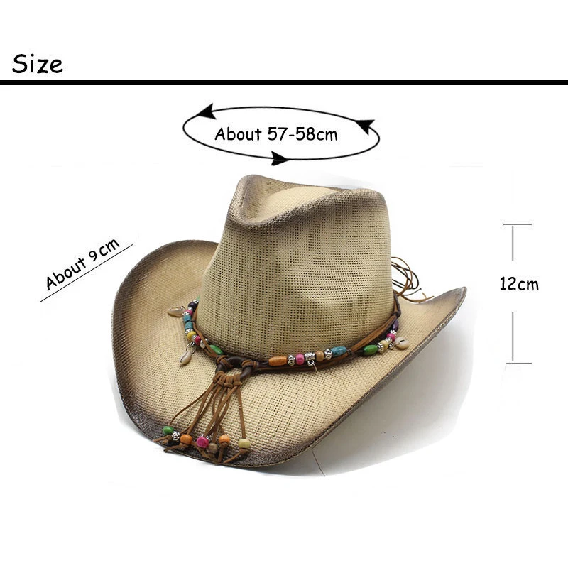 Unisex Straw Woven Cowboy Hat for Summer Vintage Ethnic Style 57-58cm Papyrus Sunshade Decorative Straps