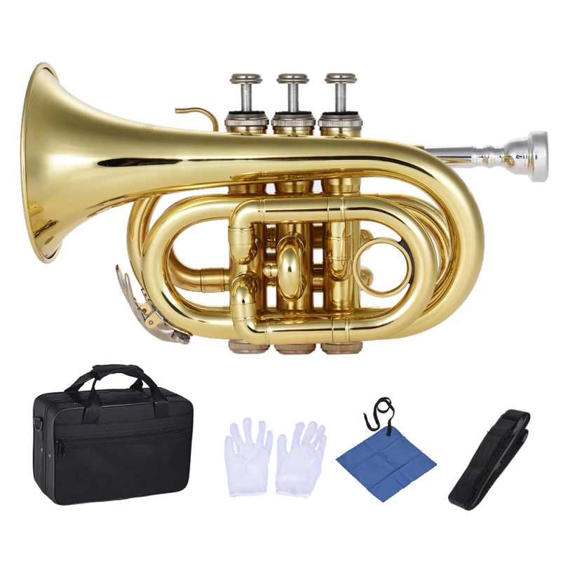 Mini Pocket Trumpet Bb Flat Brass Wind Instrument with Mouthpiece Gloves Cleaning Cloth Carrying Case