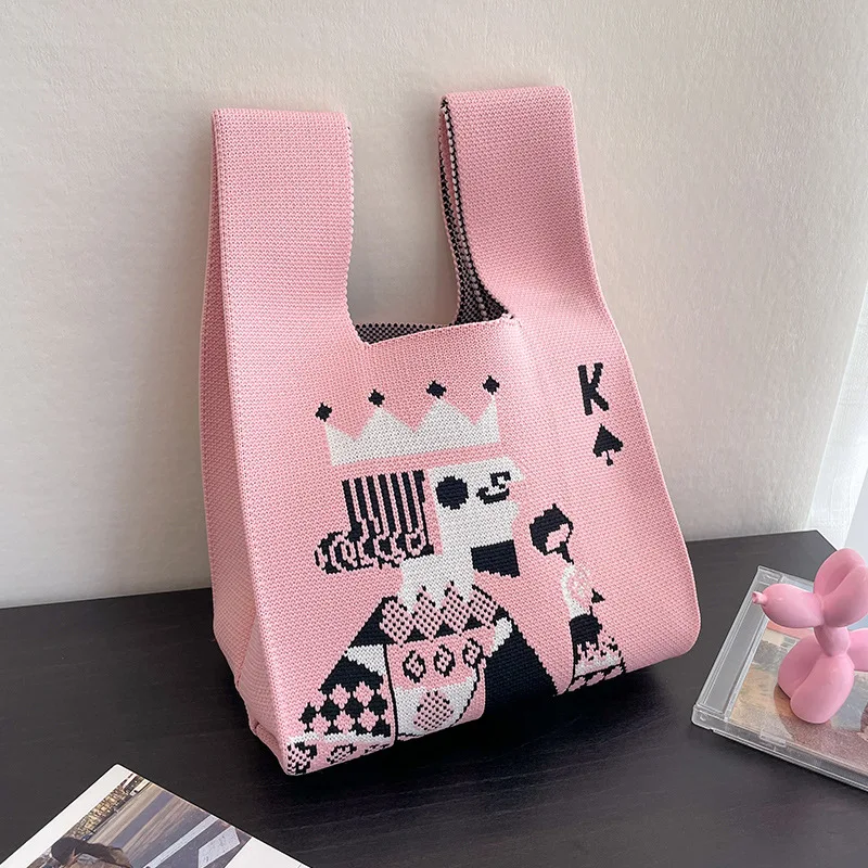 Female Vintage Poker King Pattern Handbag Women Fashion Knit Wool Tote Bag Cartoon Shopper Top-Handle Bag Key Phone Pouch